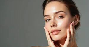 Young woman with glowing, radiant skin gently touching her face, showcasing the results of a DiamondGlow Facial in Liberty Hill, TX.