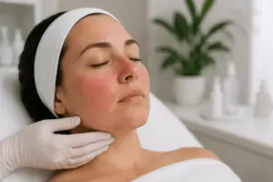 Woman receiving a professional VI Peel facial treatment for rosacea-prone skin at Signature Aesthetics in Liberty Hill, TX, with a skincare professional gently assessing her face.