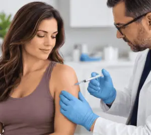 Woman receiving a peptide therapy injection from a medical professional at Signature Aesthetics in Liberty Hill, serving clients in Georgetown and Leander, TX